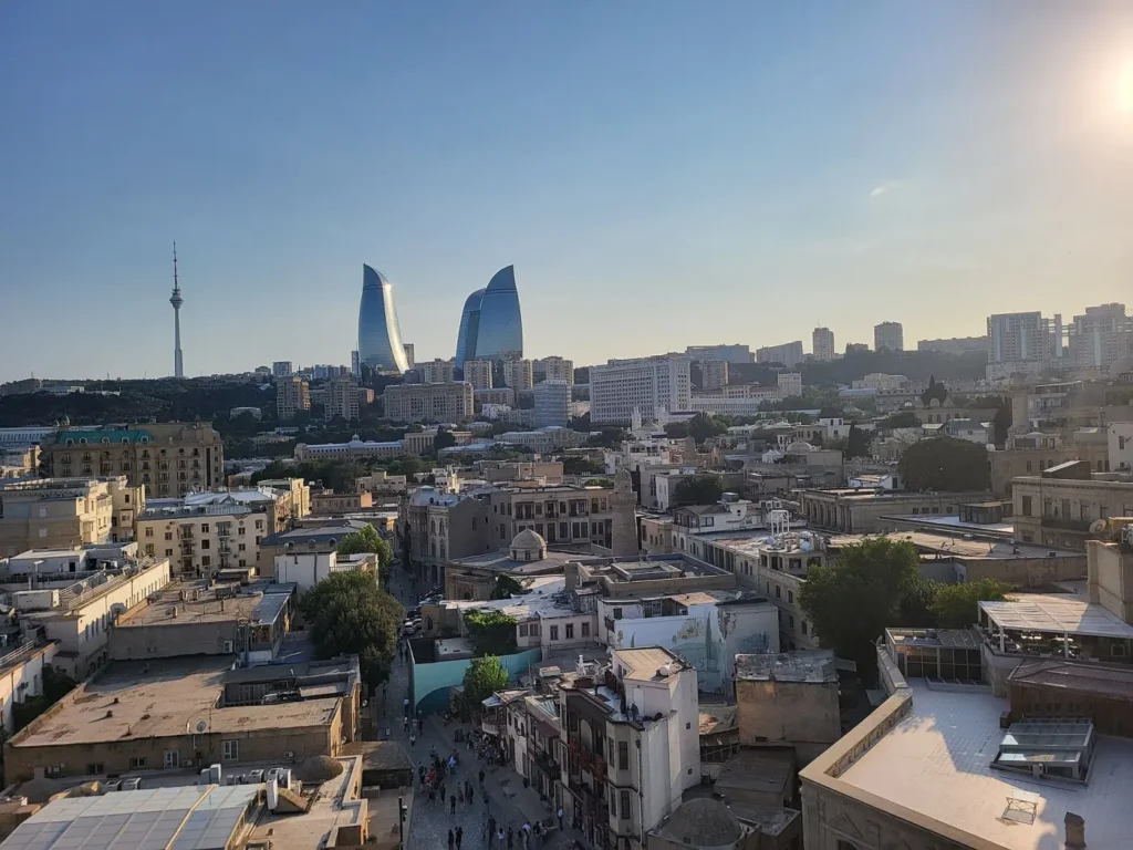 Rooftops of Baku with the Flame Towers and the television tower behind