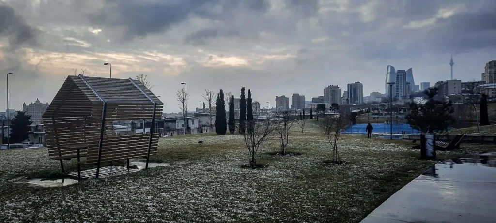 Bare trees in Baku's Central Park with the city skyline behind