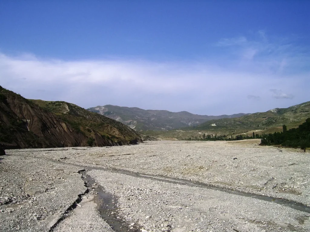 The stony bed of the Girdimanchay river near Lahij