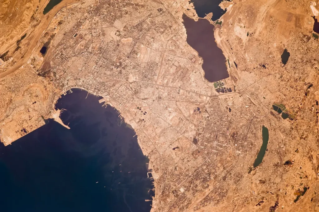 Satellite view of Baku and the Absheron peninsula on the Caspian