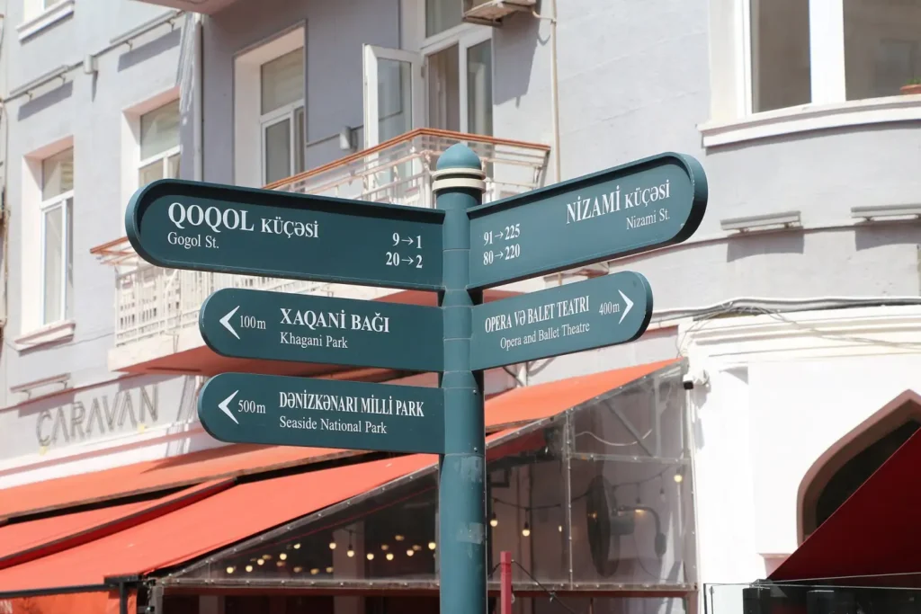 Pedestrian fingerpost in central Baku pointing to Nizami Street and the Seaside Park