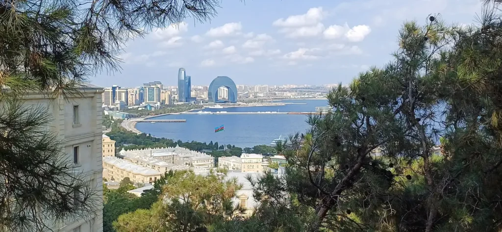 Baku bay and the seaside boulevard seen from the hill above the city