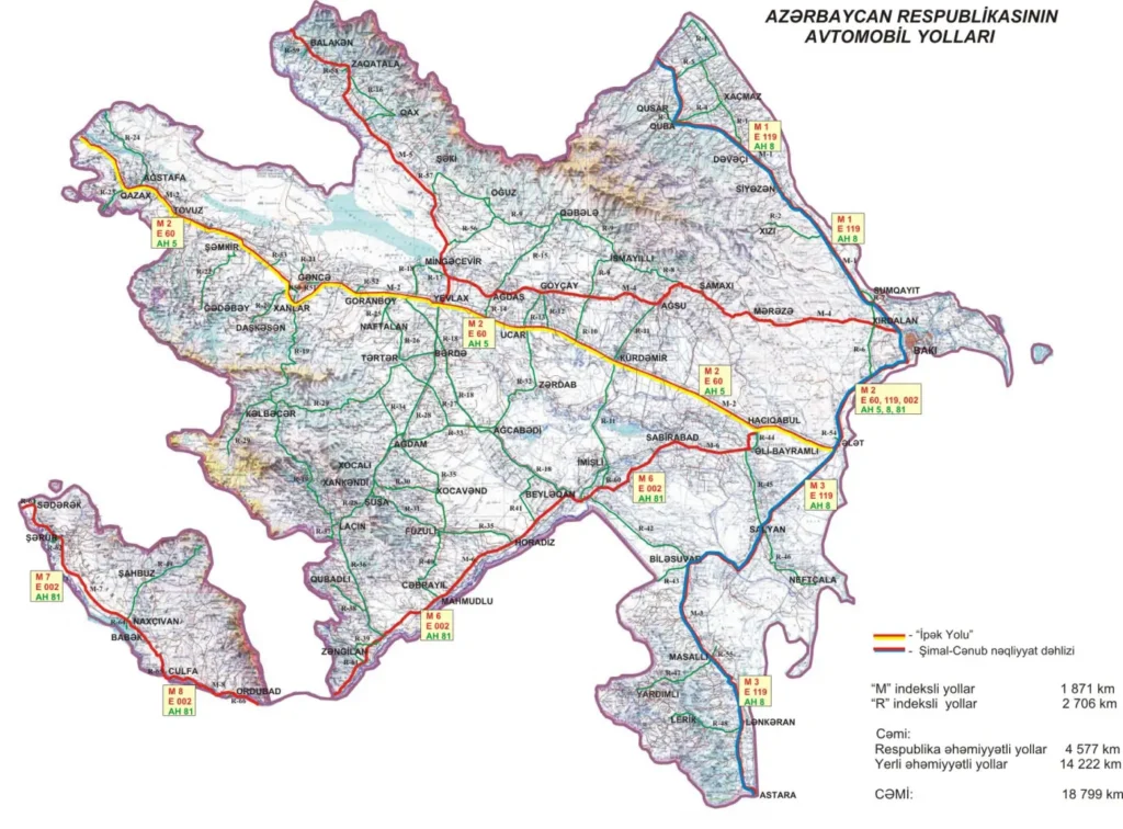 Road map of Azerbaijan showing the main highways