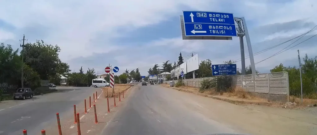 Road signs to Telavi and Tbilisi at a highway junction in eastern Georgia