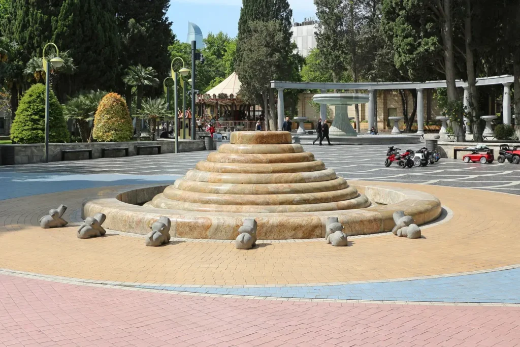 Stepped stone fountain on Fountain Square in central Baku