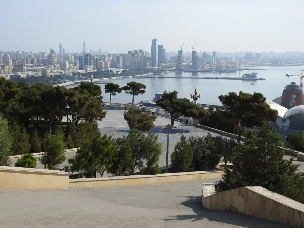 Modern Baku and the bay seen from the terrace at Martyrs' Lane