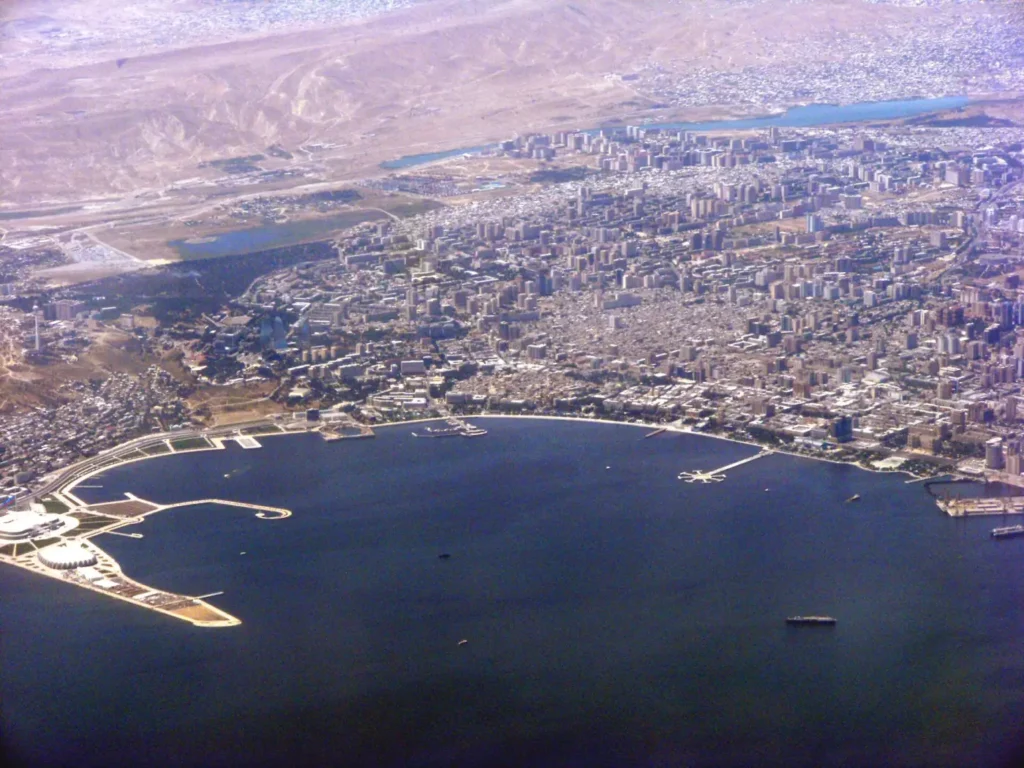 Baku and its crescent bay seen from the air