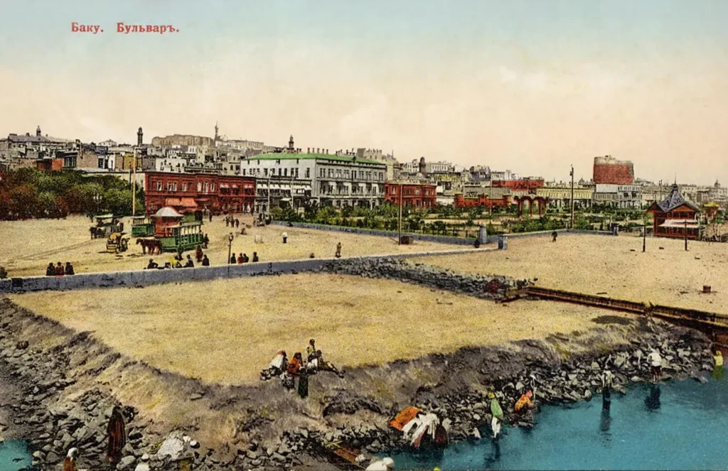 Hand-tinted postcard of the Baku seafront boulevard in the early 1900s