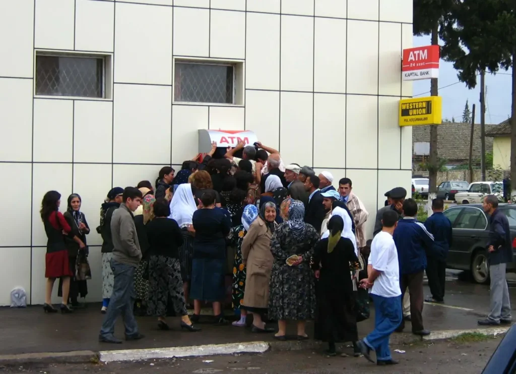 People queuing at a cash machine in Masalli, Azerbaijan