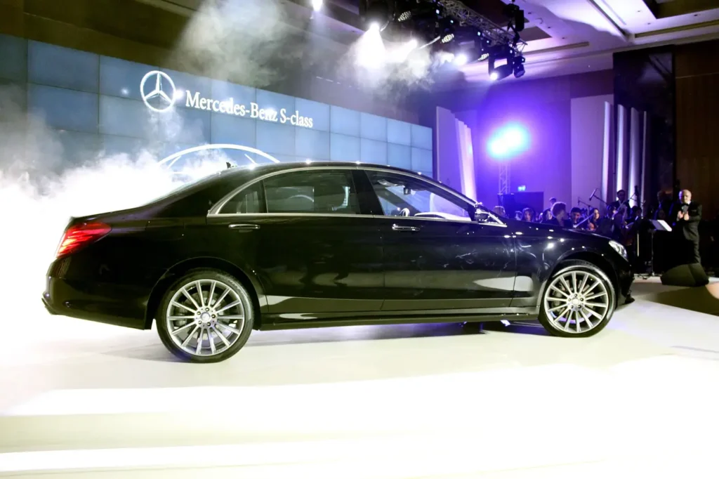 A black Mercedes-Benz S-Class at its presentation in Baku
