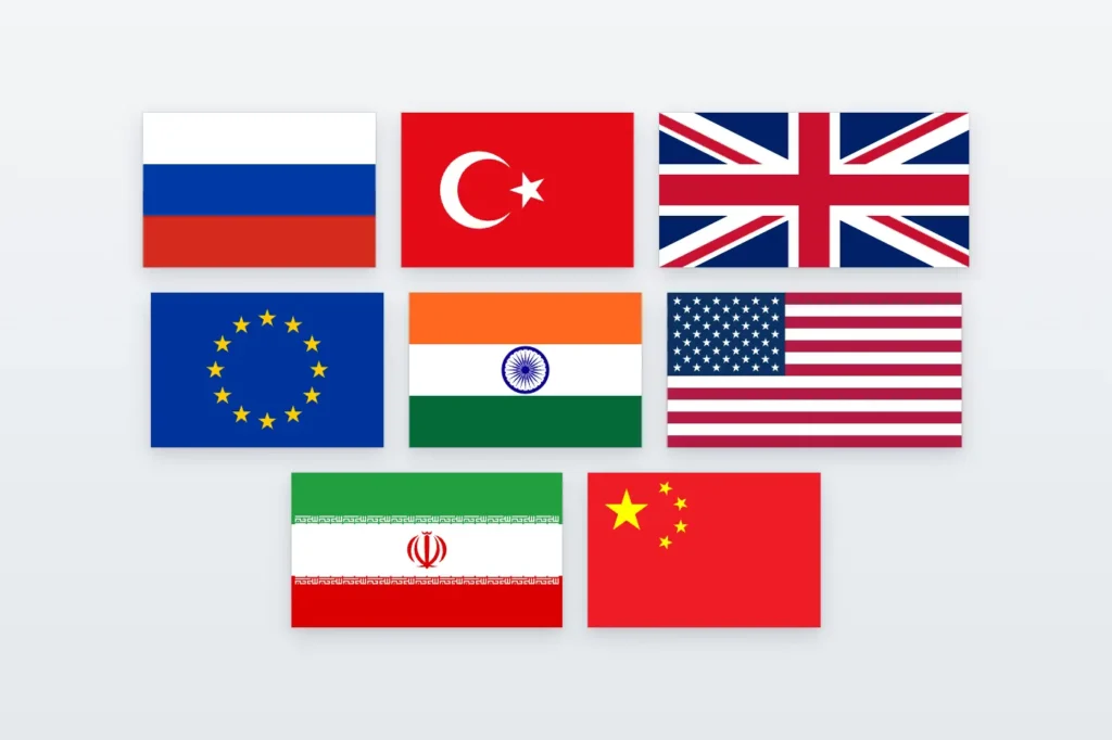 Flags of Russia, Turkey, the United Kingdom, the European Union, India, the United States, Iran and China