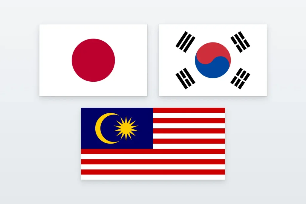Japonya, Güney Kore ve Malezya bayrakları