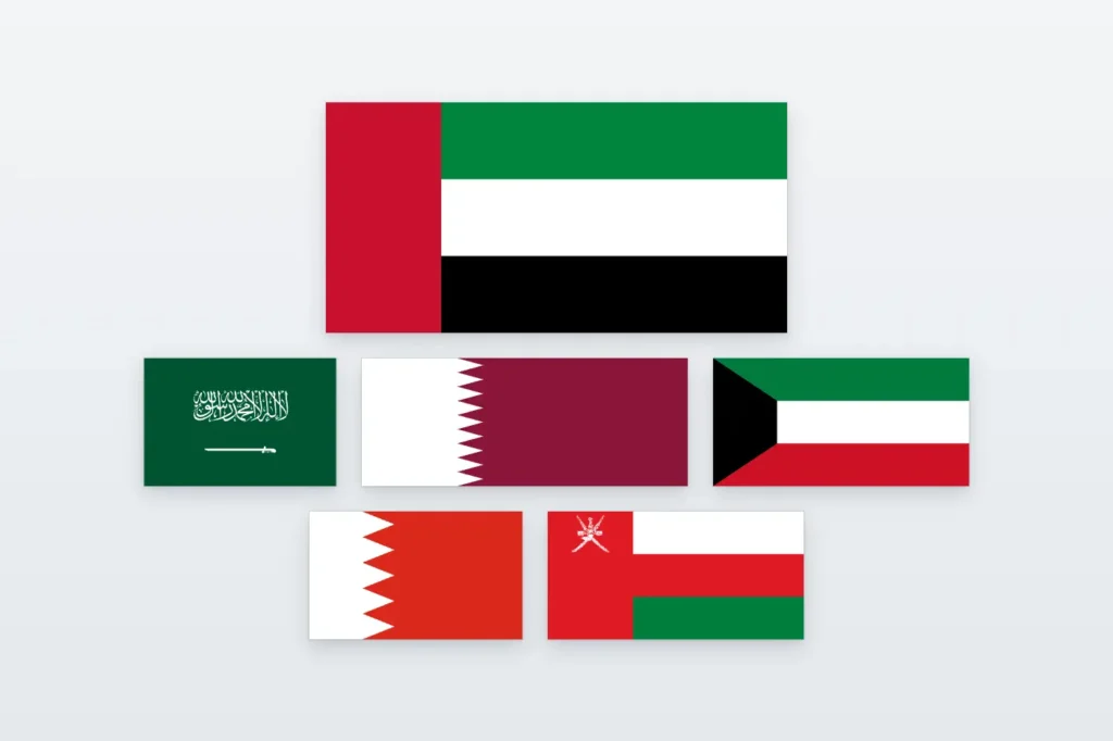 Flags of the United Arab Emirates, Saudi Arabia, Qatar, Kuwait, Bahrain and Oman
